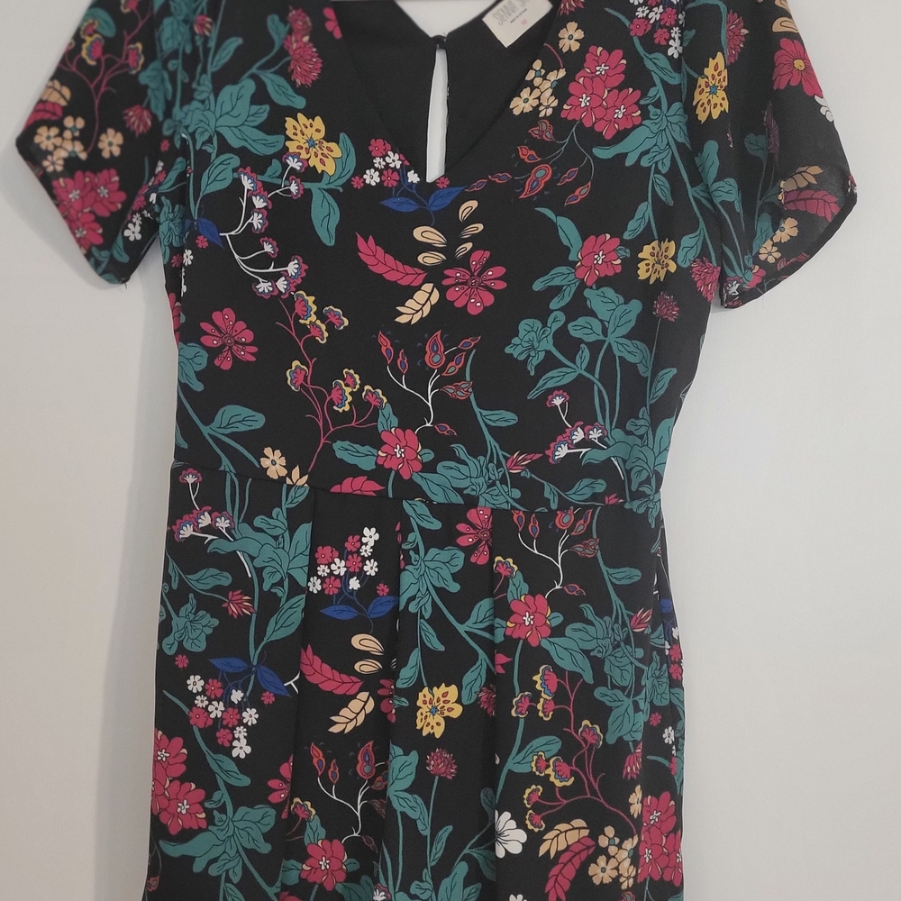 Deep V cut Shorty Romper With Big Shoulders Floral Dark